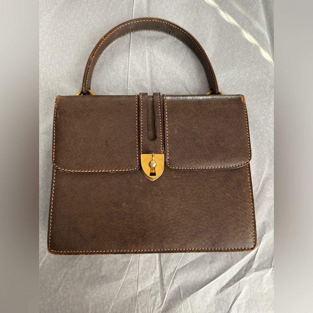 Gucci Vintage Brown Leather Flap Handbag Bag Satchel Gold Closure